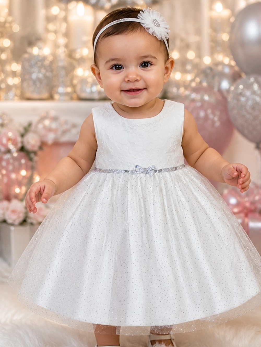 Nannette Cream Shimmer Infant Dress with Silver Ribbon Sz 24 Months